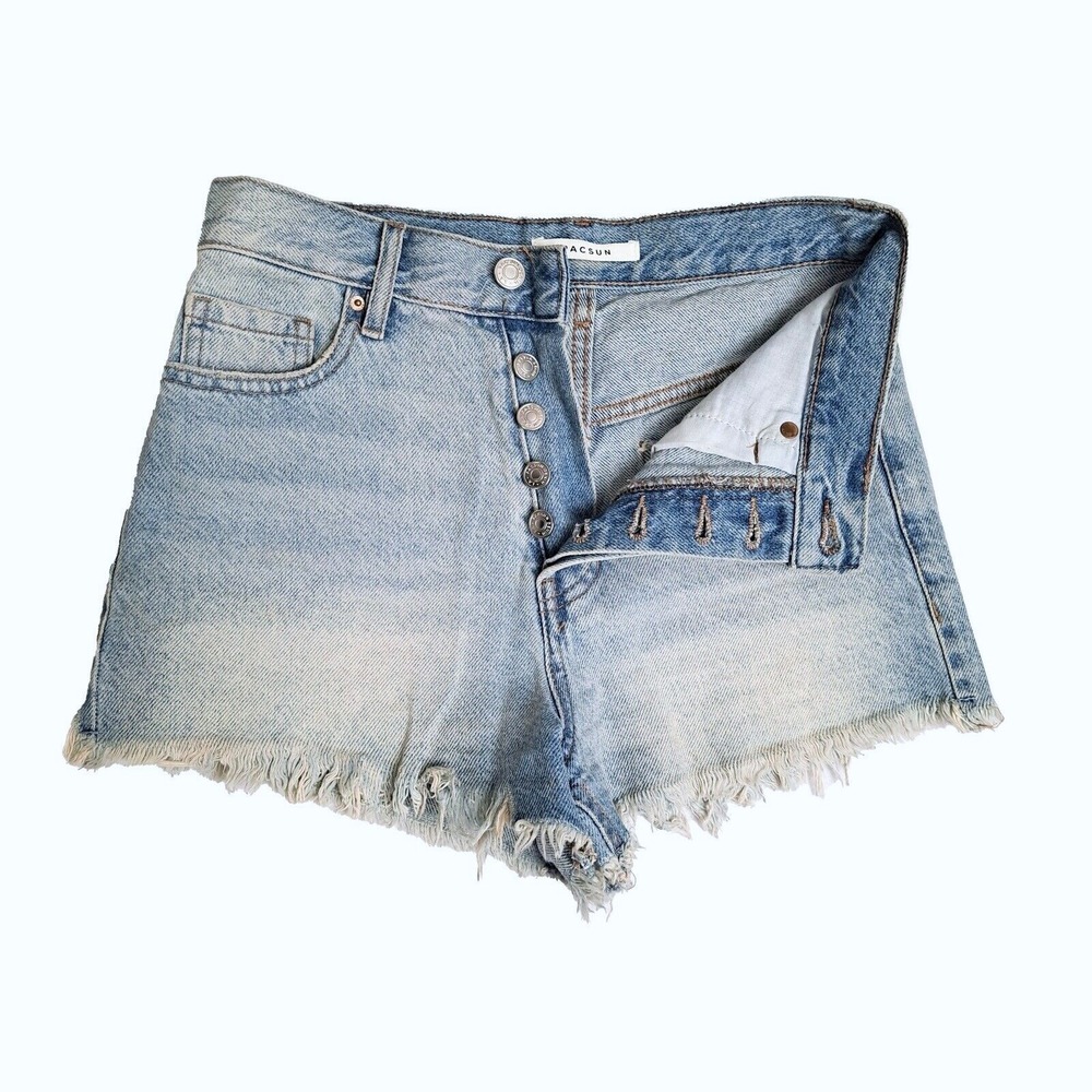 Pacsun Denim Shorts Women 24 High Waist Light Wash Frayed Hem Button Fly‎ Casual